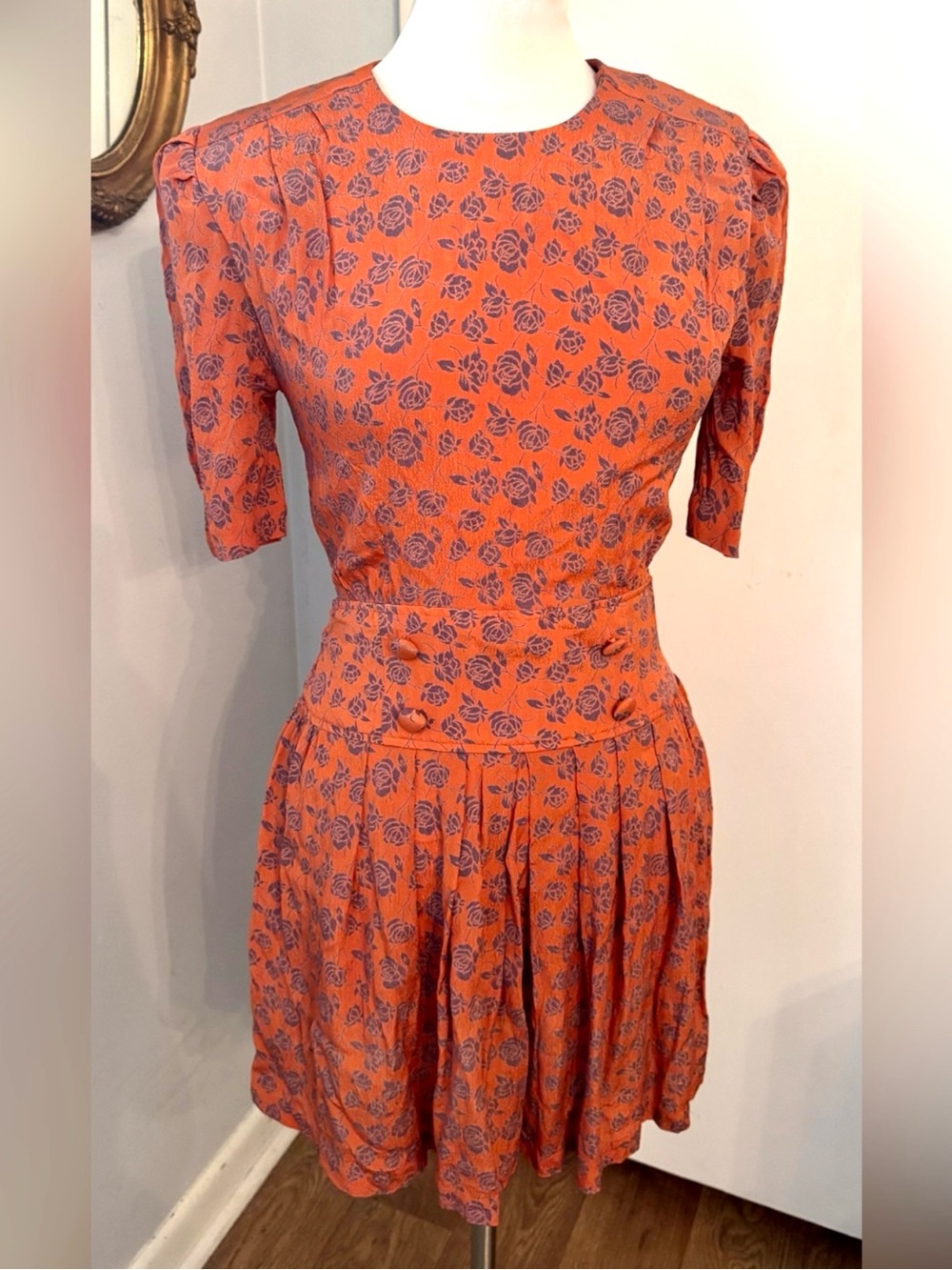 Vintage 1980s Karin Stevens Dress Orange Purple Floral Drop Waist Pleated S M
